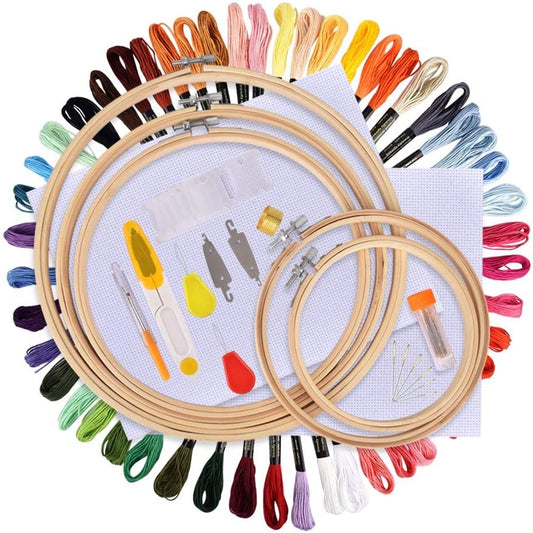 Full Embroidery Set Cross Stitch Tool Kit Including 50 Color Threads 5 Pieces Bamboo Hoops