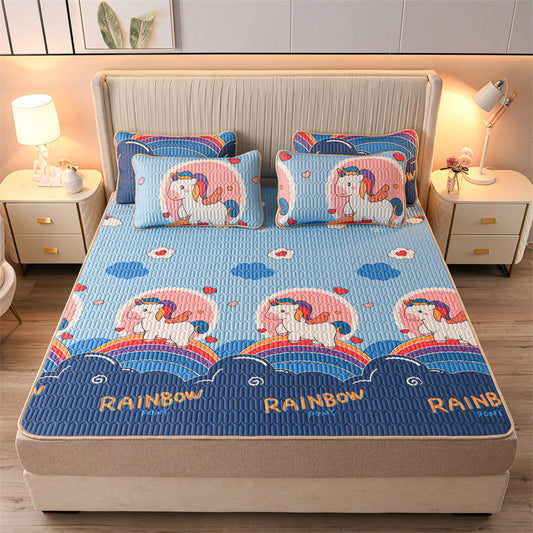 unicorn-3pcs Summer Cool Latex Bed Mat Set Anti-skid Sleeping Mat with Pillowcase Bed Protection Pad Ins Bedding Home Room Decor