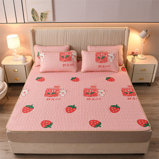 strawberry-3pcs Summer Cool Latex Bed Mat Set Anti-skid Sleeping Mat with Pillowcase Bed Protection Pad Ins Bedding Home Room Decor