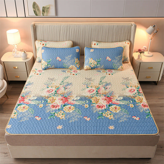 Flower-3pcs Summer Cool Latex Bed Mat Set Anti-skid Sleeping Mat with Pillowcase Bed Protection Pad Ins Bedding Home Room Decor