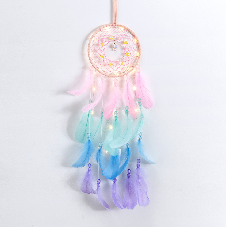 Handmade Dream Catcher With Light Room Decor Feather Weaving Wind Chimes Religious Mascot