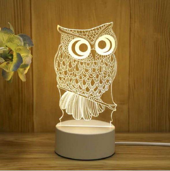 مصباح LED ملون ثلاثي الأبعاد للشحن الليلي بجانب السرير بأشكال مختلفة إبداعية Gif-owl