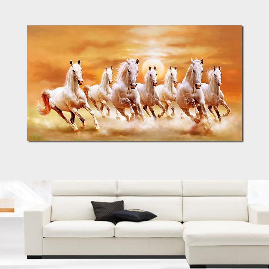 60x120cm Seven white horses NO Framed Oil Painting Canvas Wall Art For Living Room Home Decor Finished Finished Oil Painting