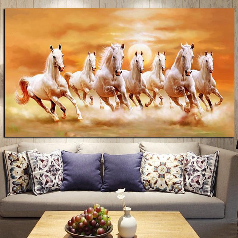 60x120cm Seven white horses NO Framed Oil Painting Canvas Wall Art For Living Room Home Decor Finished Finished Oil Painting