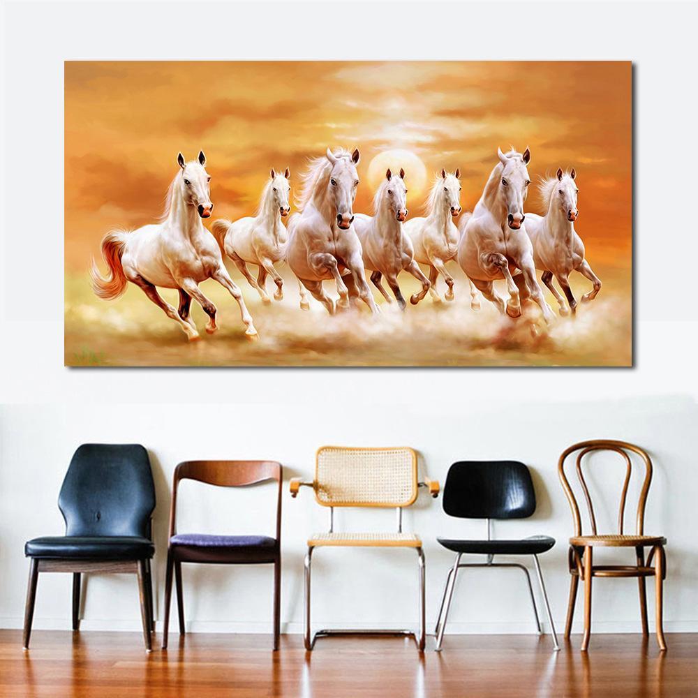 60x120cm Seven white horses NO Framed Oil Painting Canvas Wall Art For Living Room Home Decor Finished Finished Oil Painting