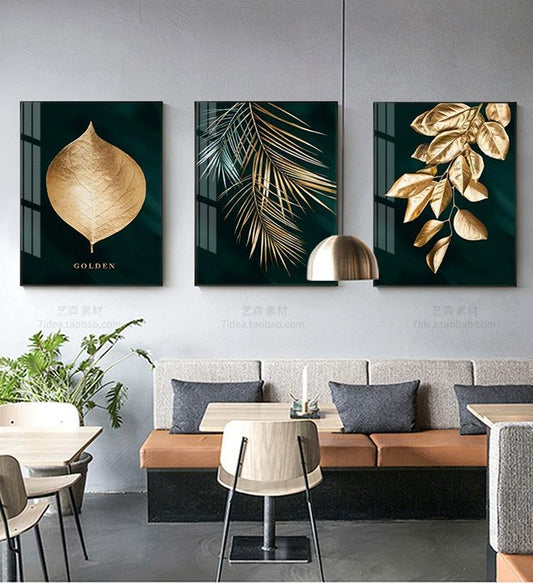 3pcs 40x50 Modern golden leaves NO Framed Oil Painting Canvas Wall Art For Living Room Home Decor Finished Oil Painting