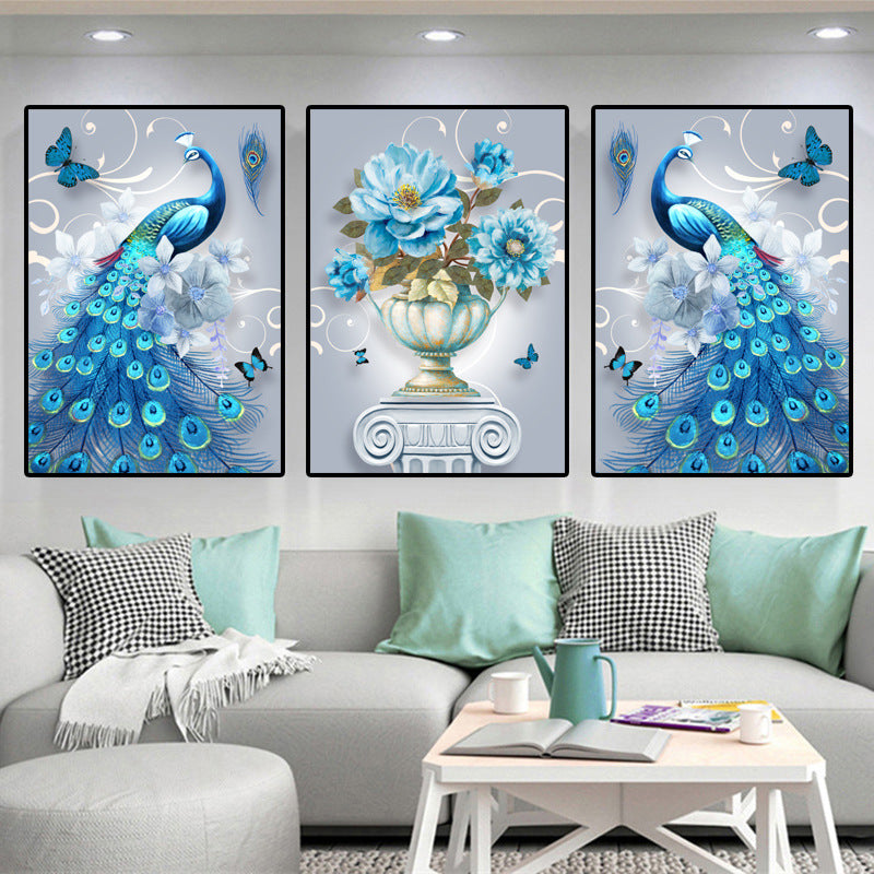 135x60CM 3PCS blue peacock 5D Full Diamond Painting NO FRAME