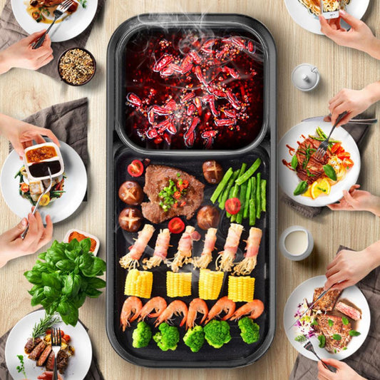 ❥❥❥SHIP FROM Riyadh Electric Grill with Hotpot with 5Pcs Barbecue Papers and a Silicone Brush of Non-Stick Indoor Grill 2 in 1 Smokeless Grill for Family Party