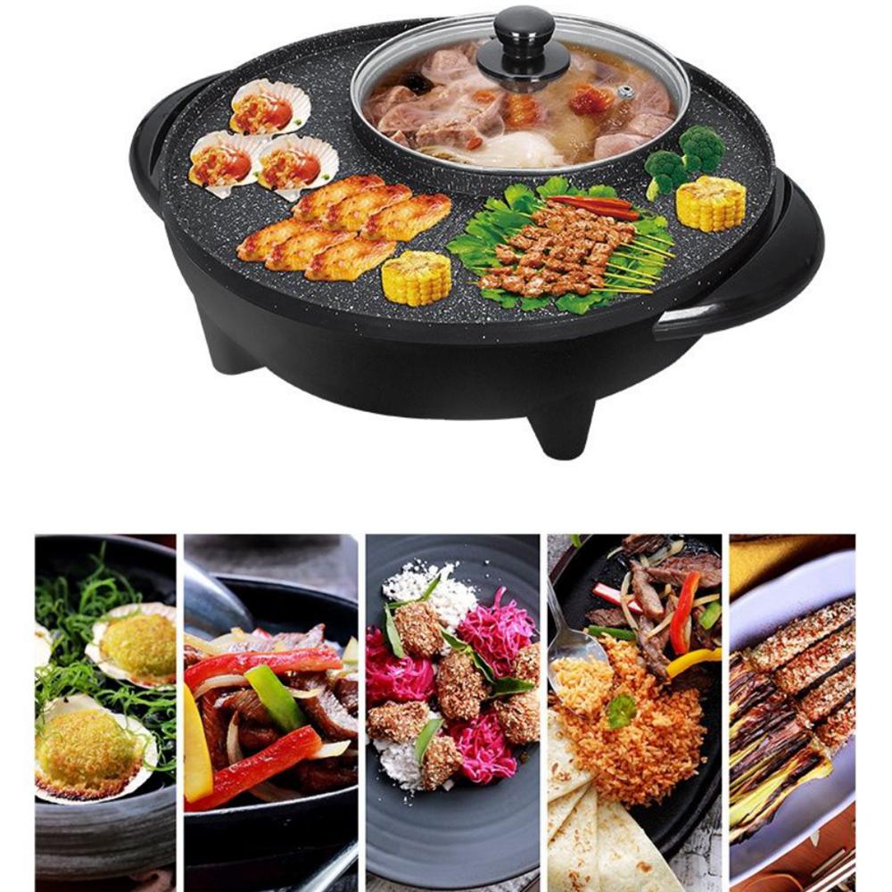 ❥❥❥SHIP FROM Riyadh Smokeless Non-Stick Indoor 2 in 1 BBQ Grill & Hot Pot Multi-Function Electric Barbecue Oven