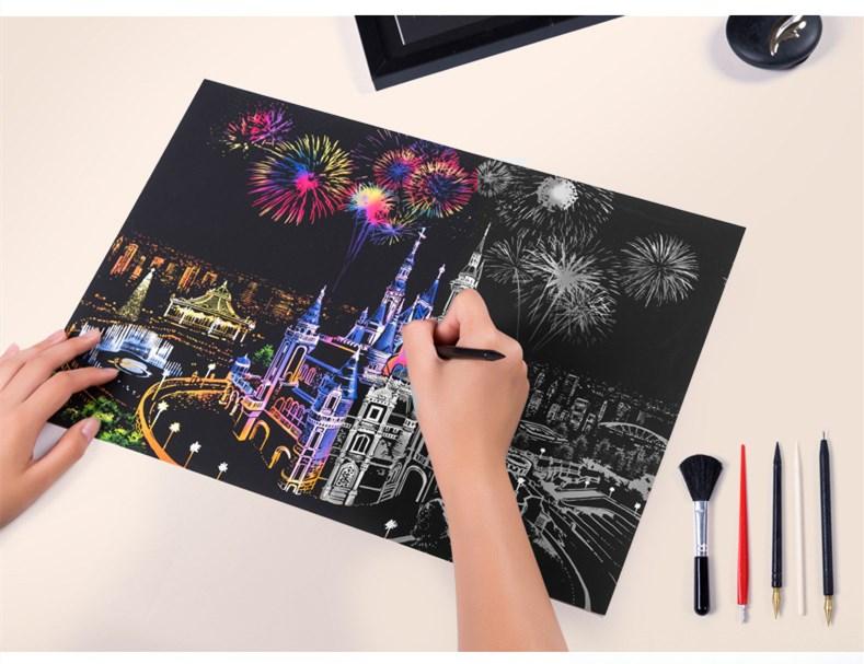 Scratch Art Paper Painting Sketch Scratch Painting Creative Gift Scratch Board for Adult and Kids with 5 Tools