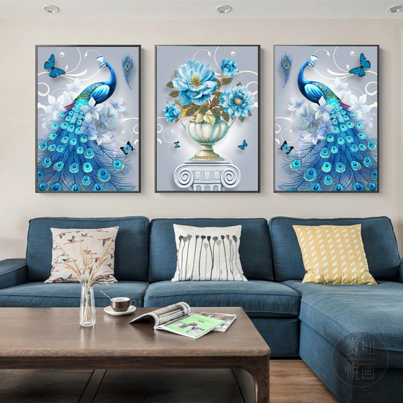 135x60CM 3PCS blue peacock 5D Full Diamond Painting NO FRAME