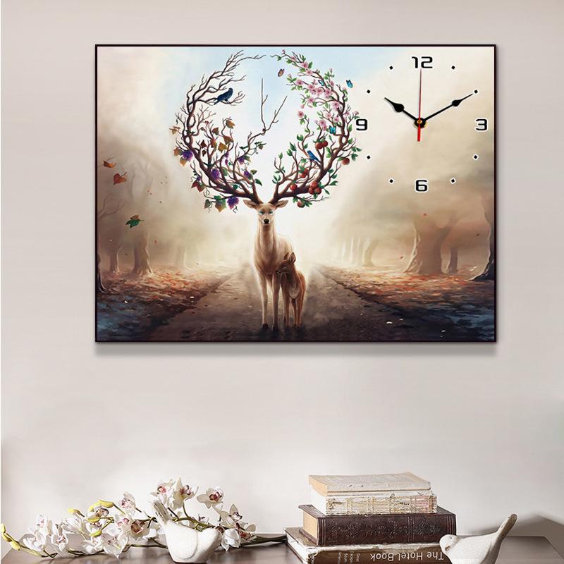 70X50cm Deer and Clocks  Cross Stitch Kits 11CT Stamped Full Range of Embroidery Starter Kit for Beginners Pre-Printed Pattern Free inner works of clocks