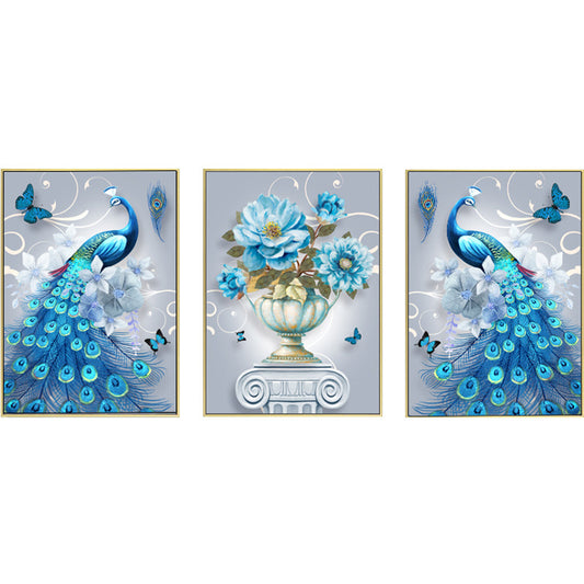 135x60CM 3PCS blue peacock 5D Full Diamond Painting NO FRAME