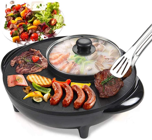 ❥❥❥SHIP FROM Riyadh Smokeless Non-Stick Indoor 2 in 1 BBQ Grill & Hot Pot Multi-Function Electric Barbecue Oven