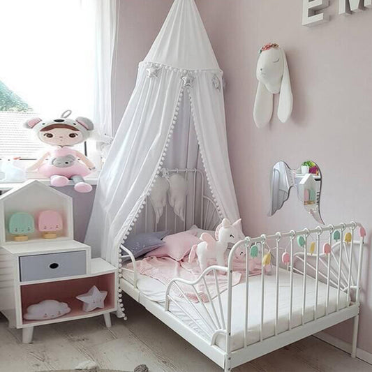 Cotton Bed Canopy with Pom Pom for Kids Room Hanging Nook Castle Tent Nursery Play Decor for Baby