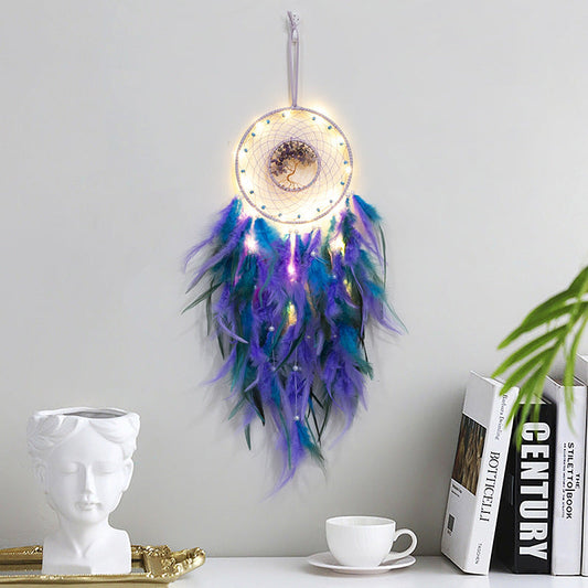 Feather Dream Catcher LED Fairy Lights Circular Net for Wall Hanging Decor