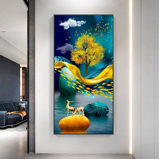 55x90CM-Gold tree and deer- DIY 5D full Diamond Painting NO FRAMED