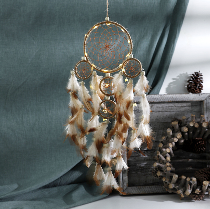 Handmade Dream Catcher With Light Room Decor Feather Weaving Wind Chimes Religious Mascot