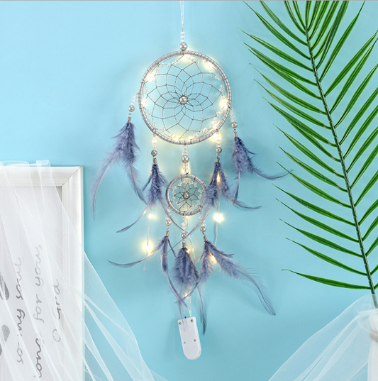 Handmade Dream Catcher With Light Room Decor Feather Weaving Wind Chimes Religious Mascot