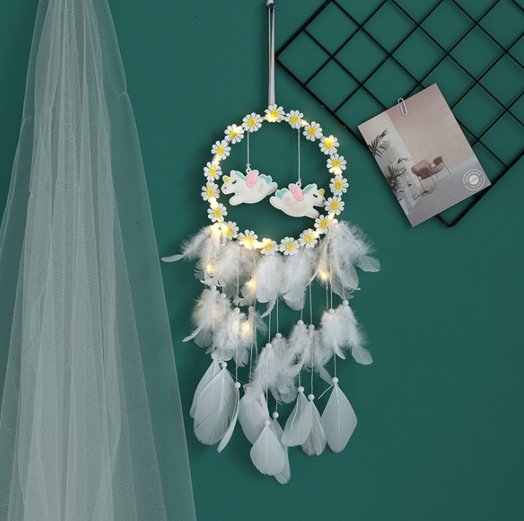 Handmade Dream Catcher With Light Room Decor Feather Weaving Wind Chimes Religious Mascot