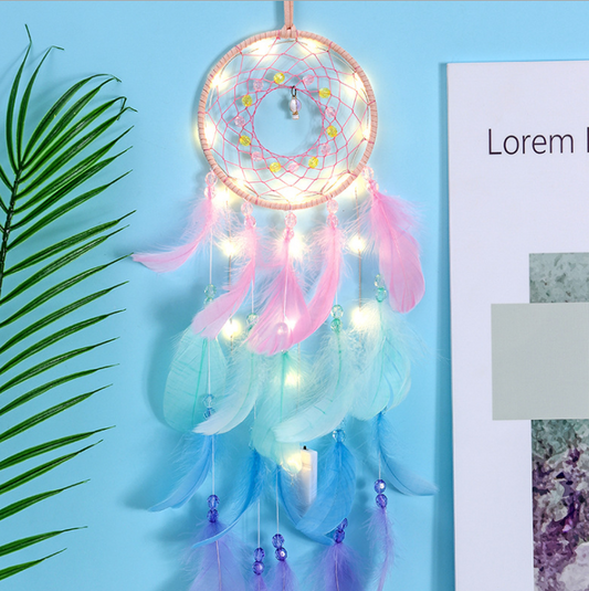 Handmade Dream Catcher With Light Room Decor Feather Weaving Wind Chimes Religious Mascot