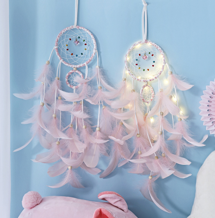 Handmade Dream Catcher With Light Room Decor Feather Weaving Wind Chimes Religious Mascot