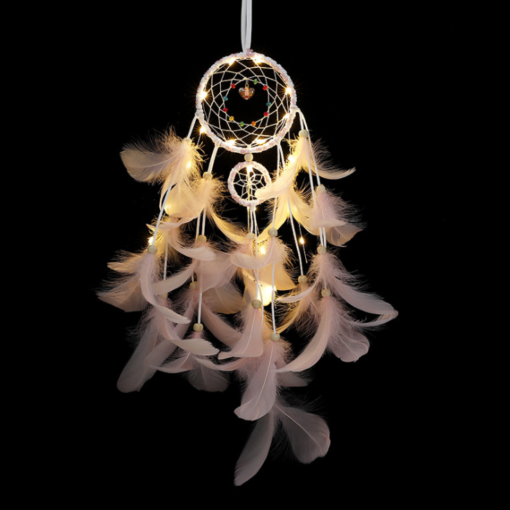 Handmade Dream Catcher With Light Room Decor Feather Weaving Wind Chimes Religious Mascot