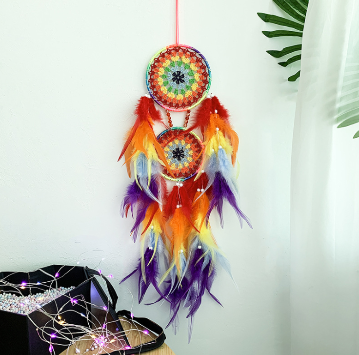 Handmade Dream Catcher With Light Room Decor Feather Weaving Wind Chimes Religious Mascot