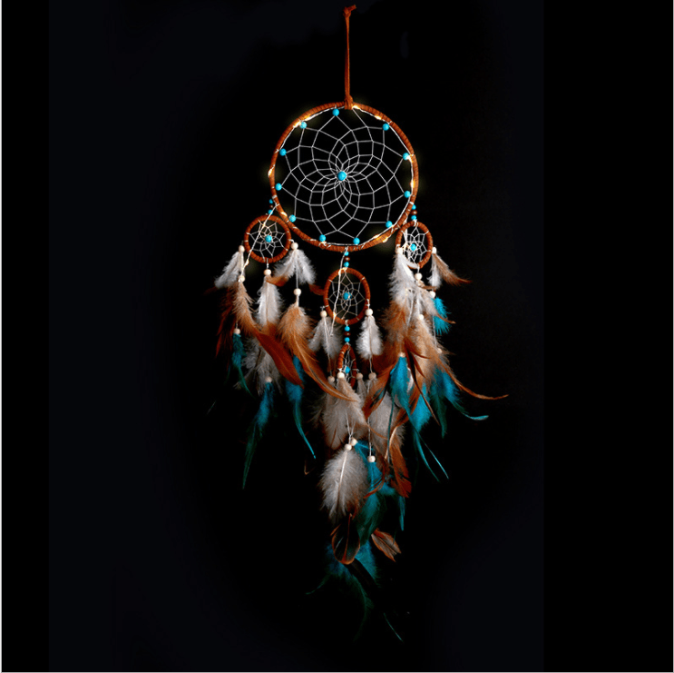 Handmade Dream Catcher With Light Room Decor Feather Weaving Wind Chimes Religious Mascot