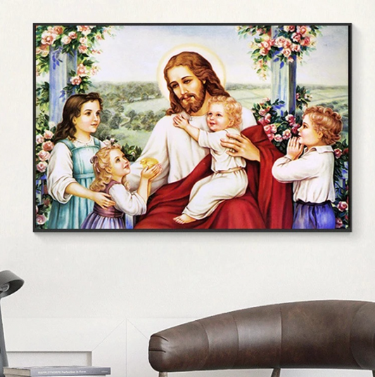 60x50cm Jesus and the children Cross Stitch Kits 11CT Stamped Full Range of Embroidery Starter Kit for Beginners Pre-Printed Pattern