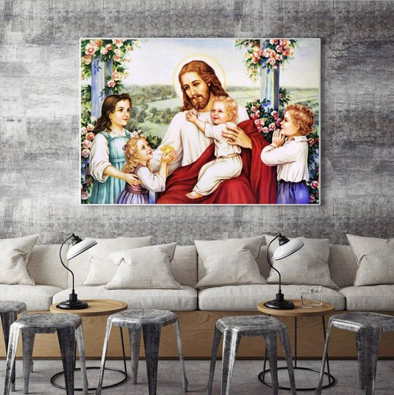 60x50cm Jesus and the children Cross Stitch Kits 11CT Stamped Full Range of Embroidery Starter Kit for Beginners Pre-Printed Pattern