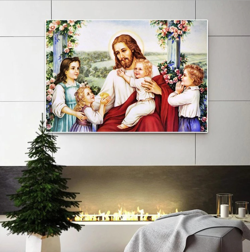 60x50cm Jesus and the children Cross Stitch Kits 11CT Stamped Full Range of Embroidery Starter Kit for Beginners Pre-Printed Pattern