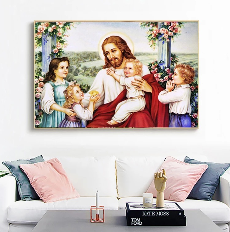 60x50cm Jesus and the children Cross Stitch Kits 11CT Stamped Full Range of Embroidery Starter Kit for Beginners Pre-Printed Pattern