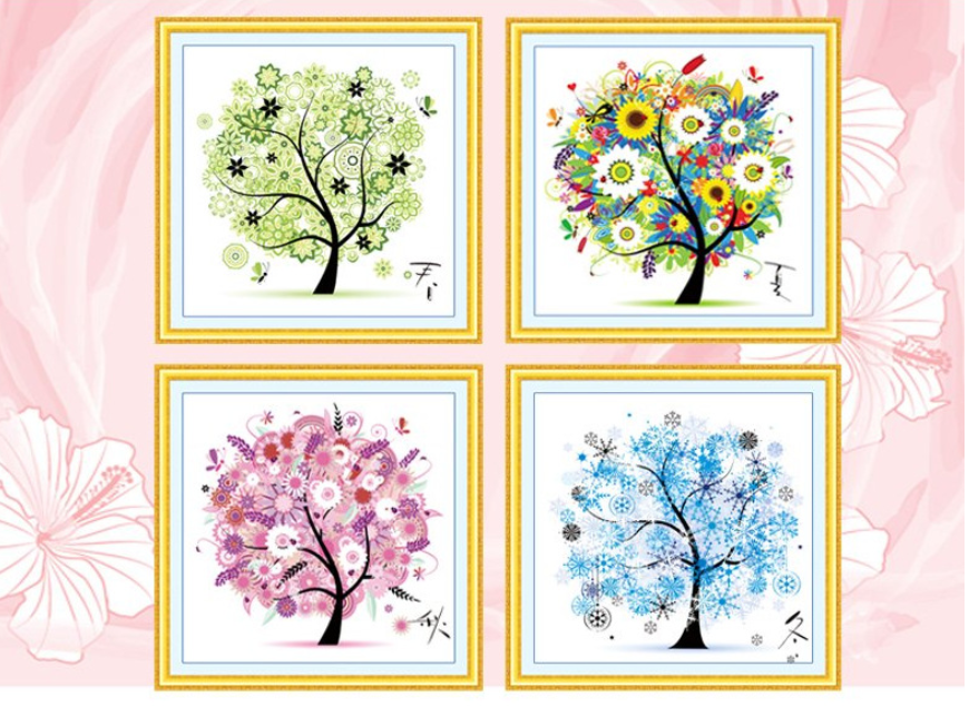 4pcs Four seasons Cross Stitch Kits 11CT Stamped Full Range of Embroidery Starter Kit for Beginners Pre-Printed Pattern