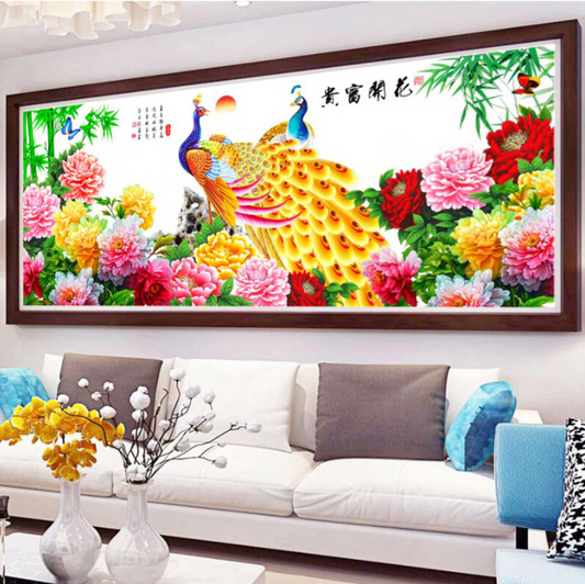 Big Size 190x75cm Beautiful Peacock Cross Stitch Kits 11CT Stamped Full Range of Embroidery Starter Kit for Beginners Pre-Printed Pattern