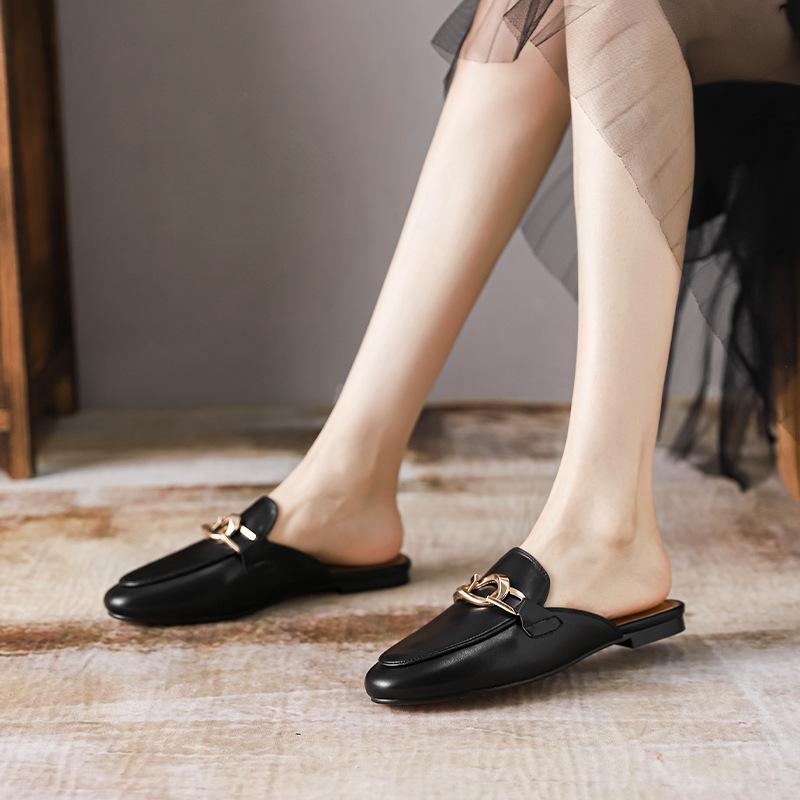 Women's Shoes Soft Top Layer Leather Closed Toe Half Slippers Women Single Shoes 8911-2